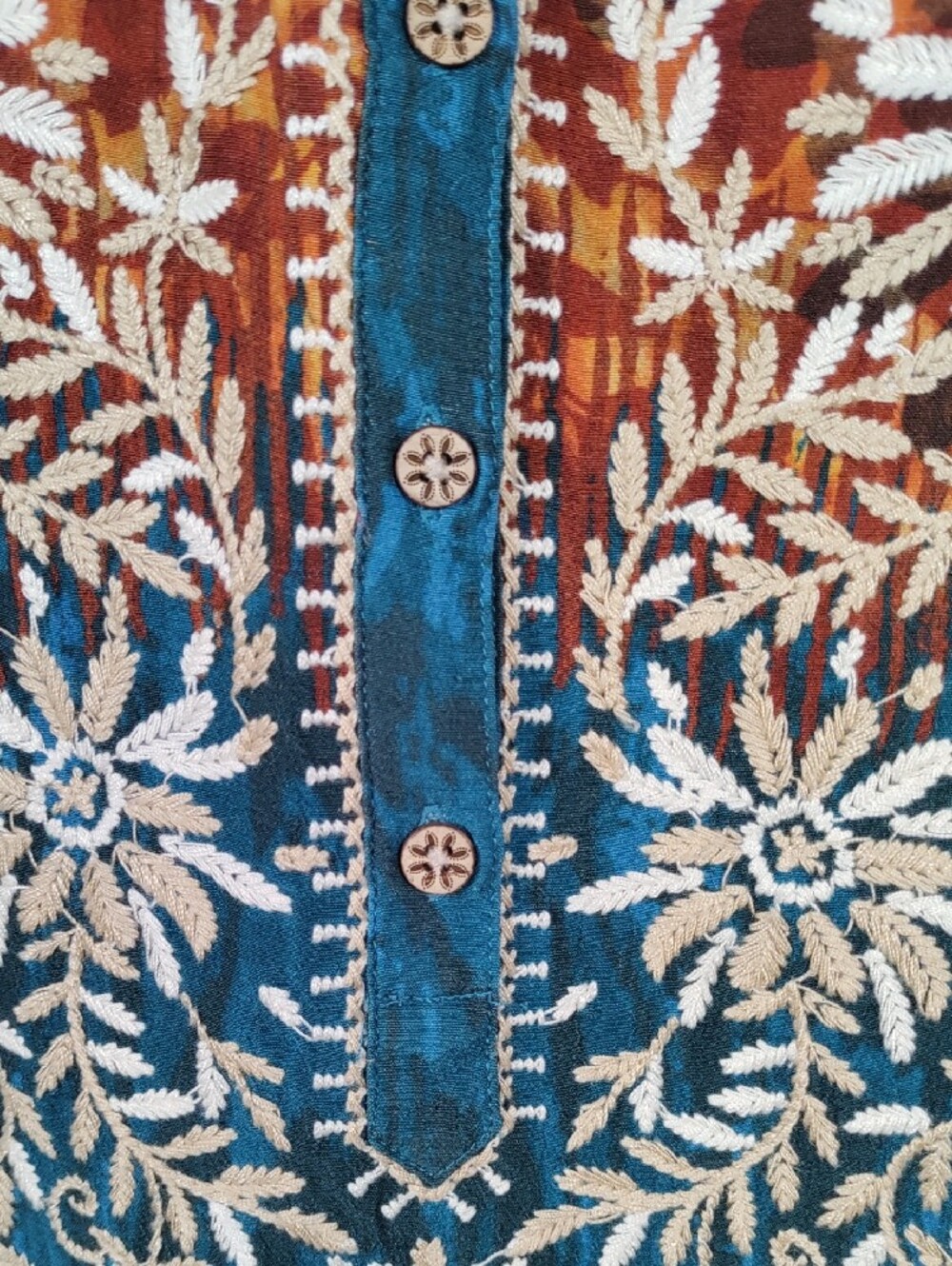 H183 John Mark Teal & Rust Floral Embroidered Tunic - Picture 4 of 11